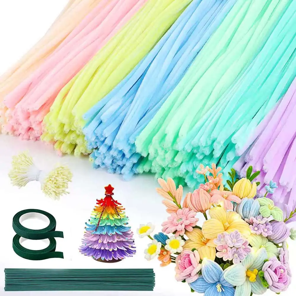 500-Piece Pastels Macaron Chenille Wire Craft Kit - 7 Mixed Colors Pipe Cleaners, 400 Flower Stamens, 20 Floral Stems, 2 Tapes, 30cm Supplies for DIY Decoration, Classroom, Home Studio, Holidays (Kids’ Gift)