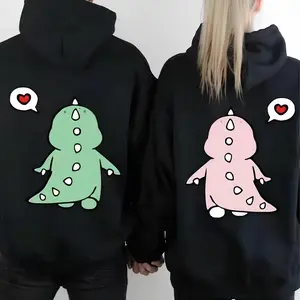 Funny Cute Dinosaur Couple Hoodie Trendy Fall Casual Matching Outfits Comfortable Stylish Streetwear for Parties Fun Couples Gifts Lovers Cotton Wear
