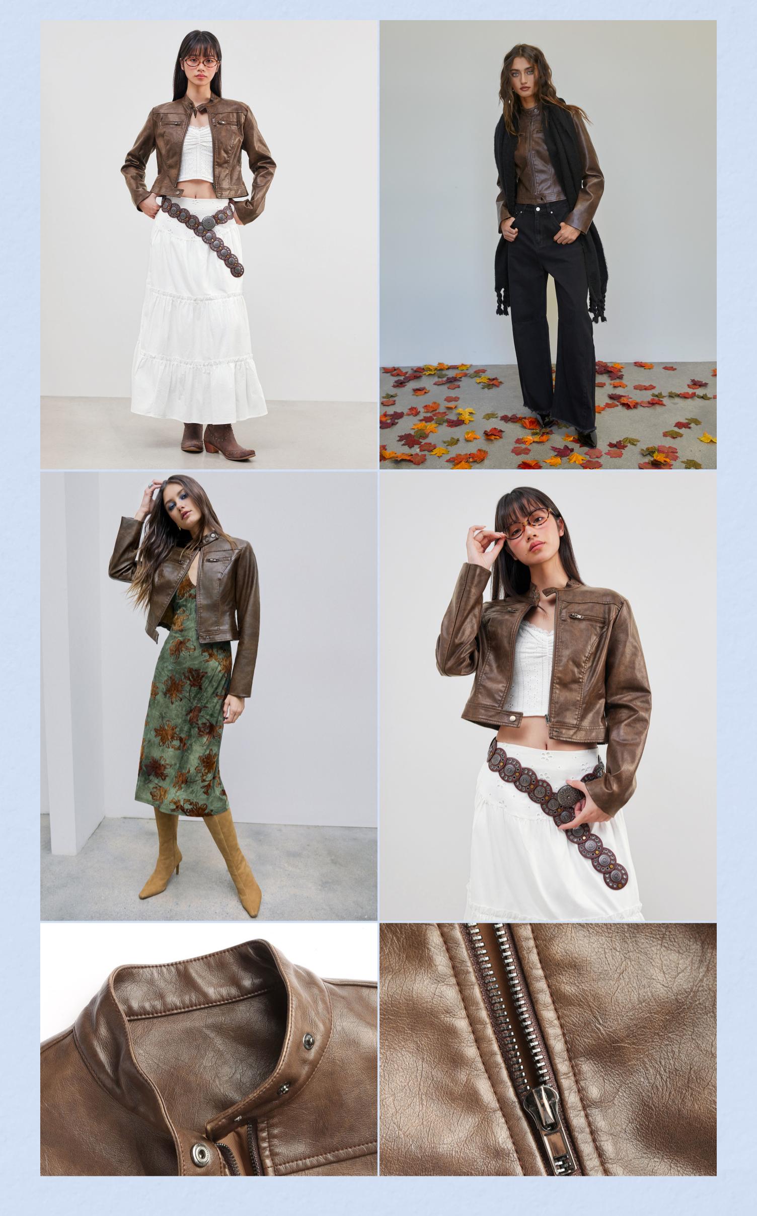 Cider [4 colors, size 0-26] Faux Leather Stand Collar Zipper Biker Jacket