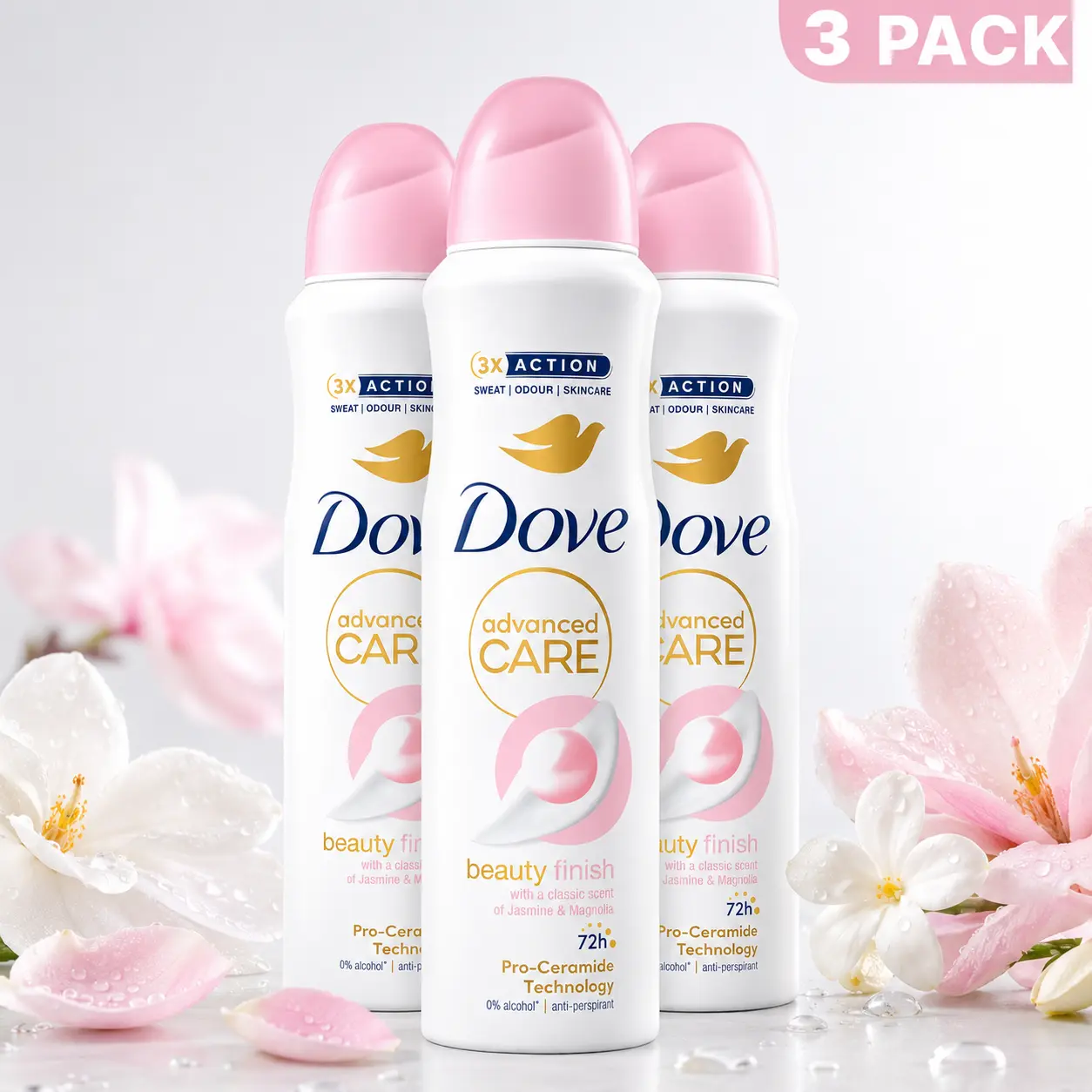 Dove Advanced Care Beauty Finish Anti-Perspirant Spray for Women, 72H Protection with Pro-Ceramide, Jasmine & Magnolia Fragrance, 5oz, 3 Pack, Restore, Blend, Smoothing, Body Care Products, Sensitive Skin, Female, Office, Liquid, Even Spray, Long-Lasting,
