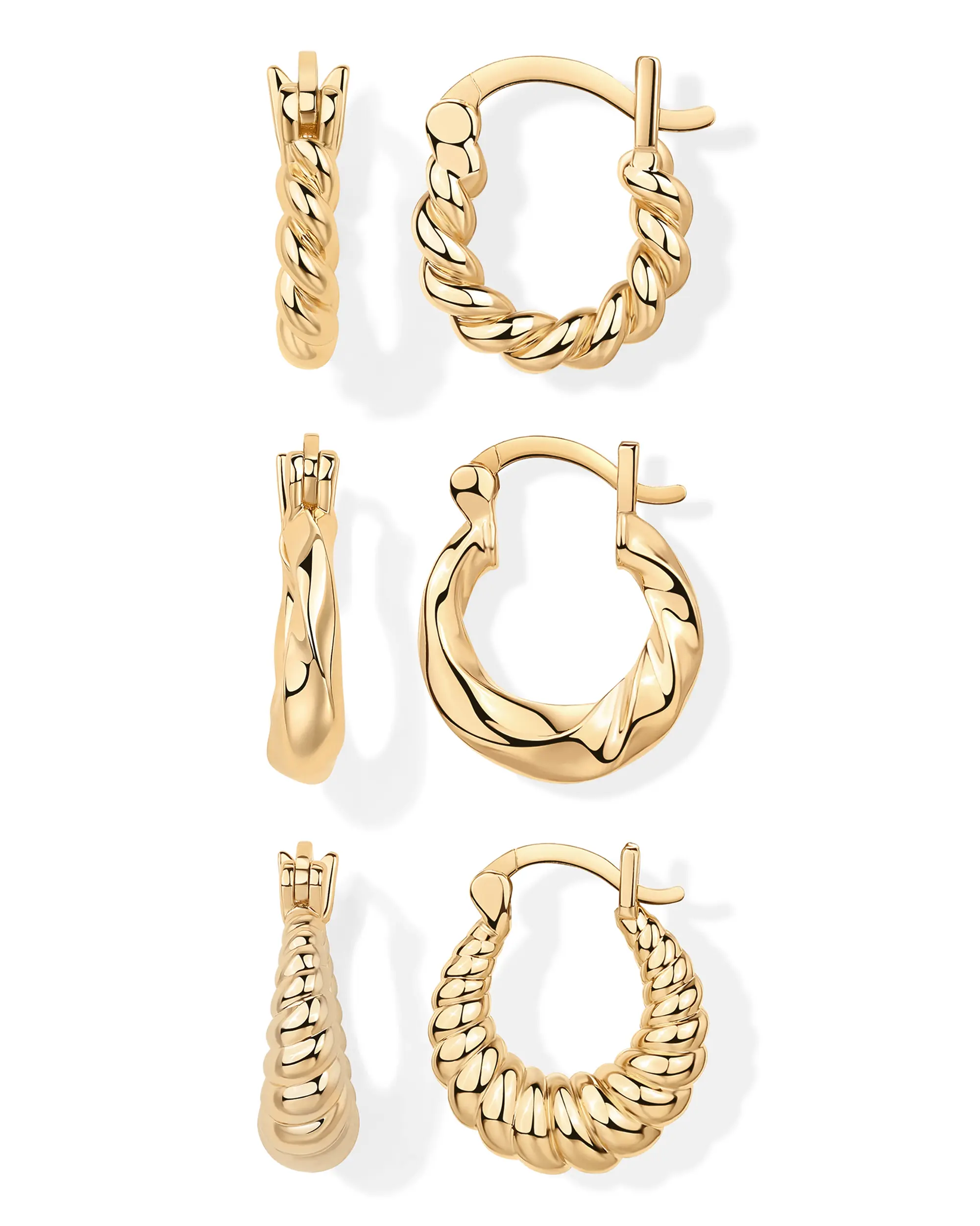 PAVOI 14K Gold Plated Sterling Silver Posts 3 Pairs Rope Twisted Hoop Earrings Set - Three Chunky Huggie Hoop Pack - Earscape for Women 14mm 13mm 10mm