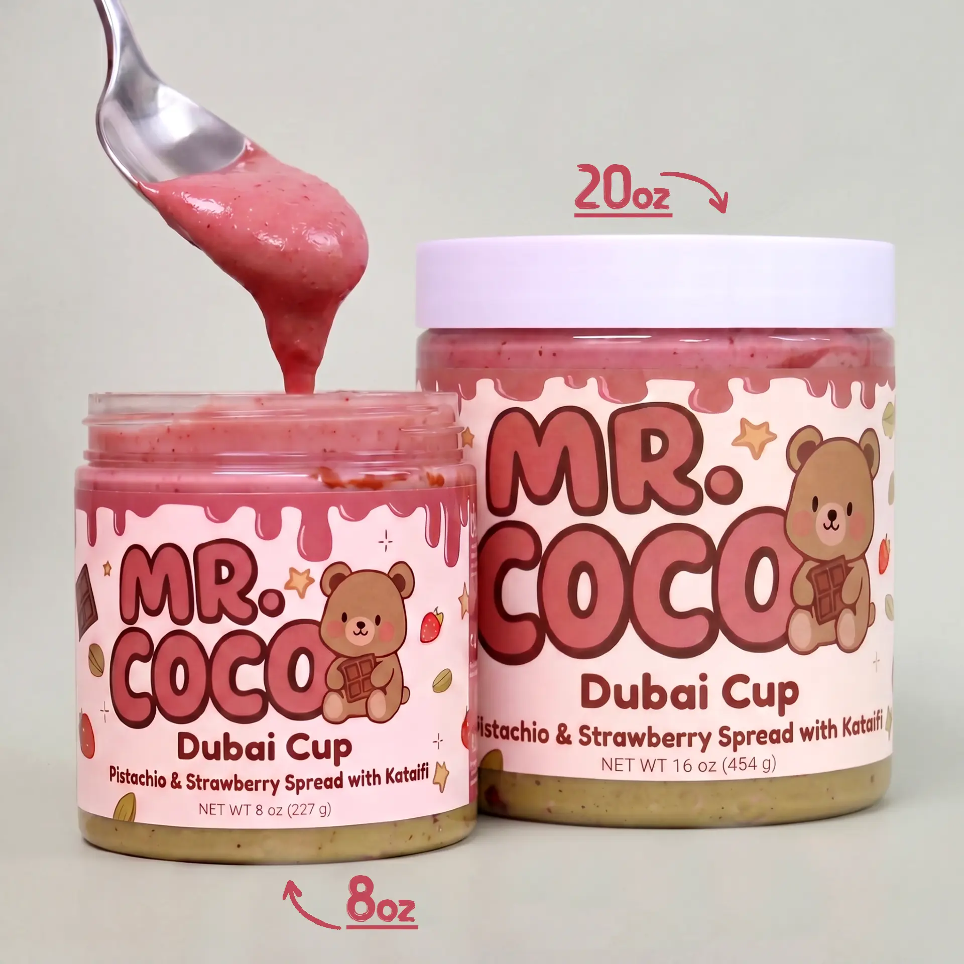 Mr. Coco Strawberry Milk Dubai Cup – Pistachio & Strawberry Cream + Tahini & Crunchy Kataifi - 8oz or 16oz Jar