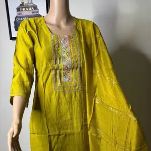 Mustard Yellow Embroidered Kurta Set size S, M and L