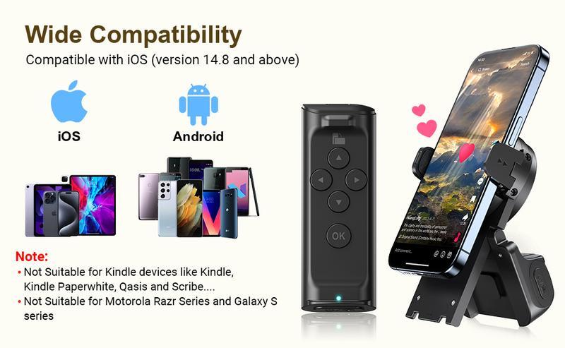 Remote Control for TikTok Scrolling, Wireless Page Turner & Selfie with Smartphone Holder Stand - Camera Video Recording Remote for iPhone, Android, Kindle App Black Cellphone,Upgraded