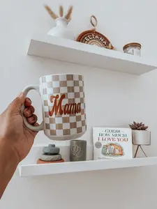 Retro Checkered Mama Ceramic Mug, 15oz Trendy Aesthetic Coffee Cup, Mother's Day Birthday Gift