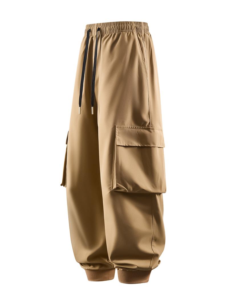 CCCMAI Men's Casual Solid Color Sports Pants, Casual Work Pants with Multiple Flap Pockets, Drawstring Waistband, Lightweight, Soft, Polyester, Outdoor Work Pants, Running Pants with Pockets, 100% Polyester Fiber, Non-Stretch Menswear