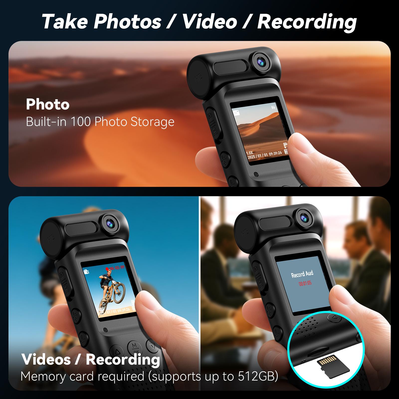 Action Camera with 180° Rotating Lens, Supports up to 512G TF card，1080P FHD Video Camcorder, Handheld Camera for Outdoor Sports, 1000mAh Long Battery