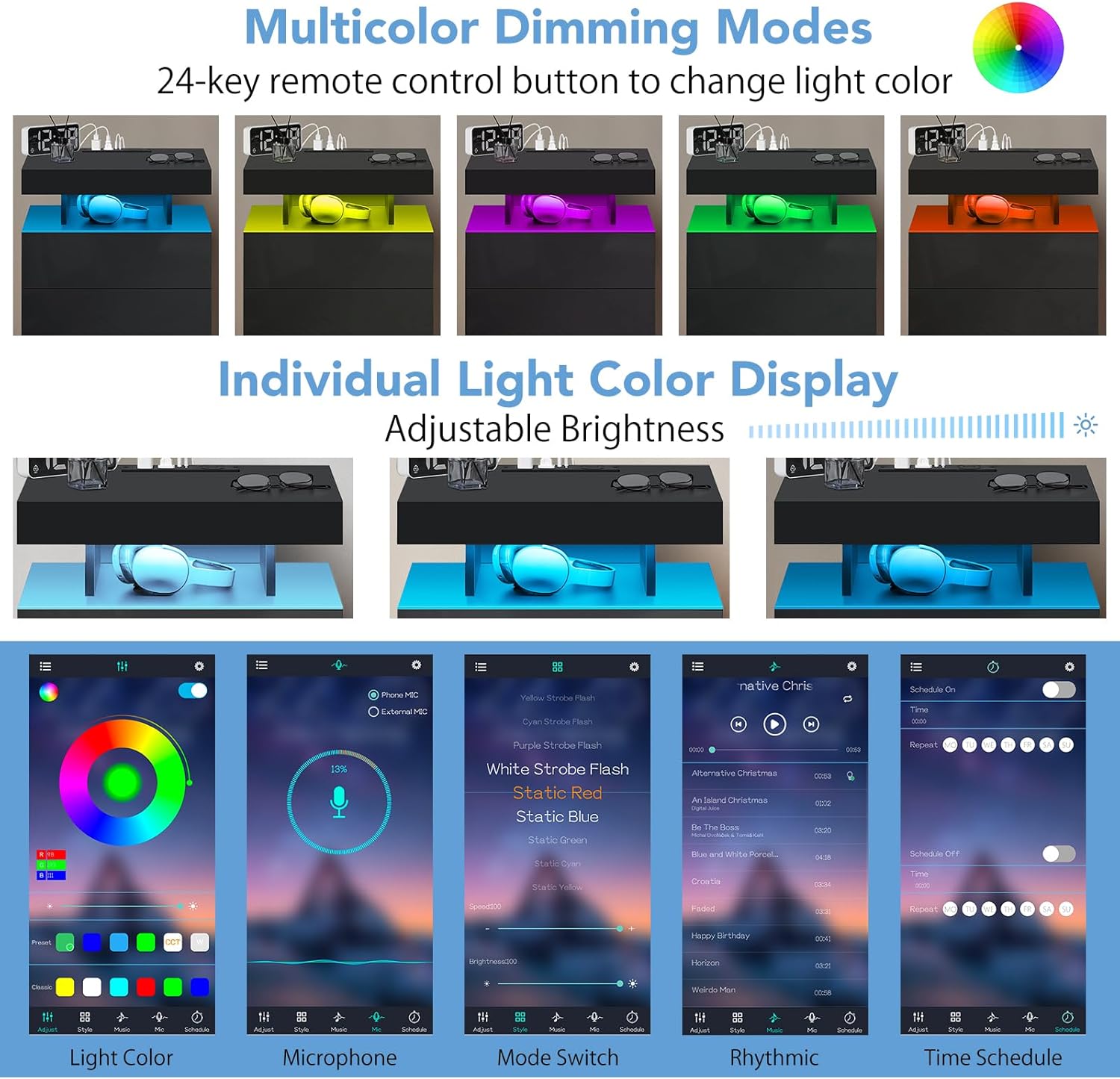 HOMMPA LED Nightstand with Wireless Charging Station & USB Ports, Modern Bedside Table, 3 Drawer Black Night Stand with Open Compartment, Smart Nightstand High Gloss Surface for Bedroom