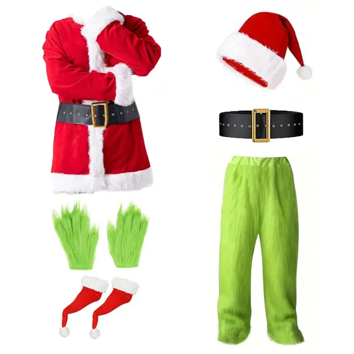 Men's Christmas Green Monster Cosplay Costume, Furry Plain Suit with Mask, Menswear Clothes for Halloween Special Occasion Outfit