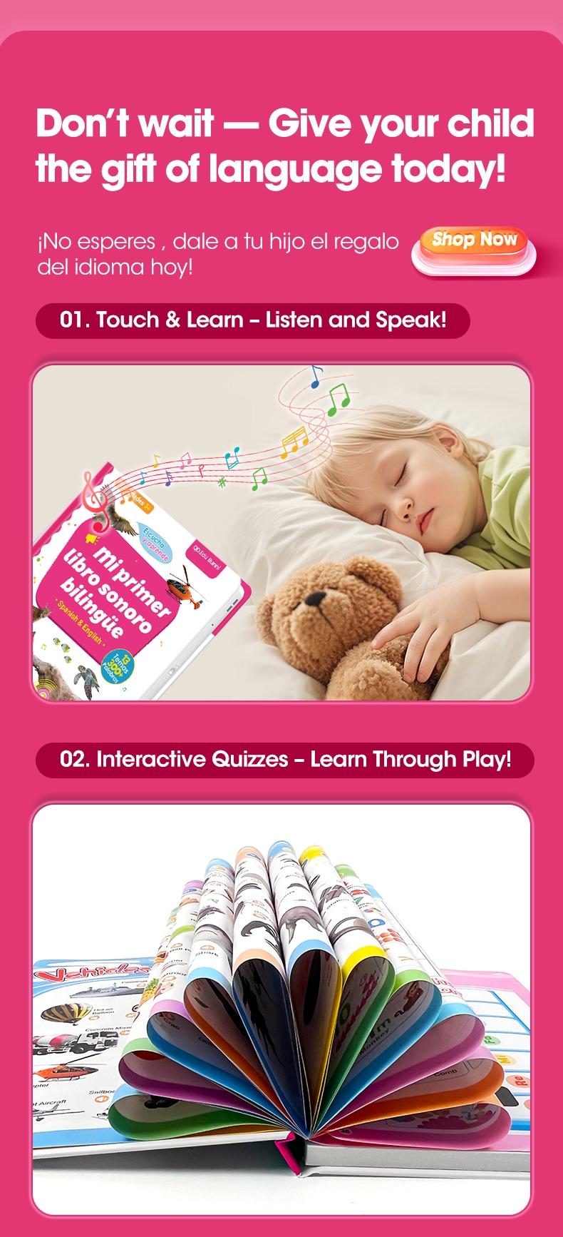 Spanish Interactive Educational Toy for Kids 1–6, Bilingual Sound Book for Early Language Learning, Interactive Educational Toy with 300+ Words & 13 Themes, Perfect Gift Idea for Toddlers