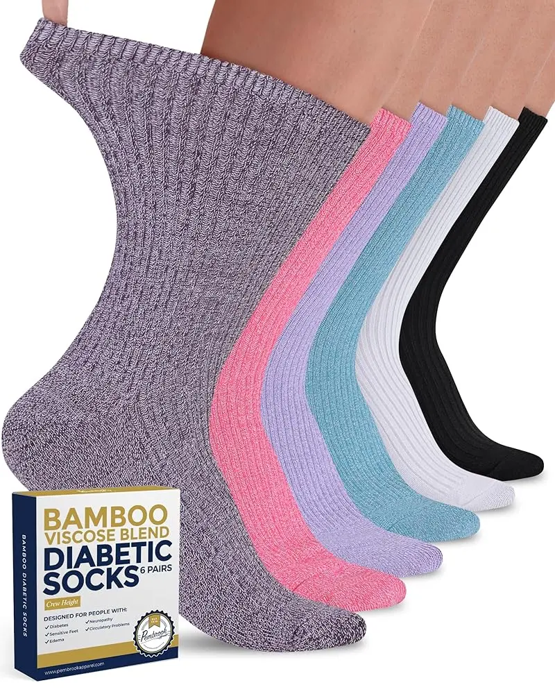Pembrook Women's Bamboo Viscose Diabetic Crew Socks for Women, 6 Pairs Ribbed Knit Soft Comfy Hosiery, Breathable, Non-Binding, Size 9-11, Diabetic Socks, Foot Pain Relief, Fit, Six Pairs