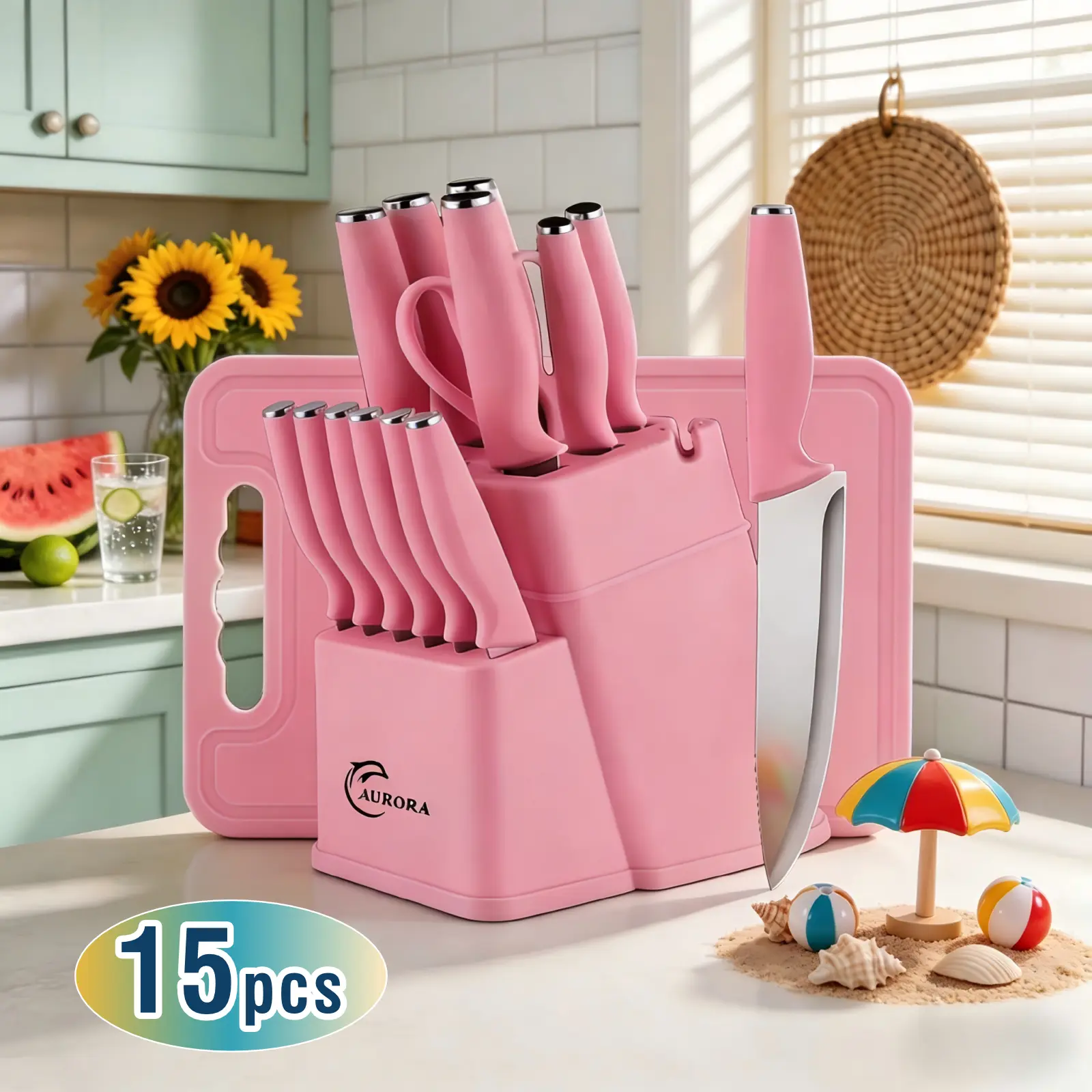 15-Piece Pink Knives Kitchen Set, Sharp Stainless Steel Blades with Cutting Board & Holder, Ergonomic Handles, Dishwasher Safe for Everyday Use