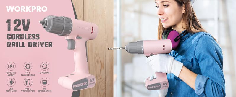 #JumpstartSale WORKPRO Pink Cordless Drill Driver Set, 12V Electric Power Drill Tool Kit with 6 Pcs Bits, 3/8-Inch Keyless Chuck, Variable Speed, 18 Touque Setting, Type-C Charge Cable, Led Light, Pink Ribbon