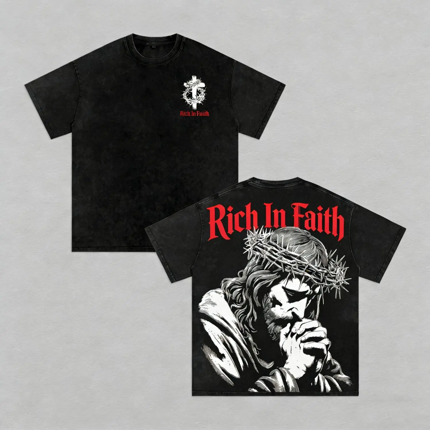 Rich In Faith - Jesus Pray T-Shirt Washed T-shirt Washed, Bible Verse Hoodie, Sweatshirts, Jesus Hoodie, Church Outfit Unisex Oversized Graphic Tee For Men and Women Aesthetic Clothes dark design  👕 vintage style top
