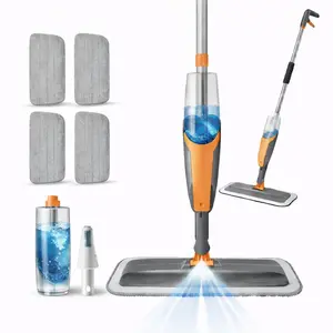 Spray Mop for Multi-Surface Heavy-Duty Cleaning with 4 Washable Microfiber Pads,Refillable Bottle,Functional Scraper,360°Rotating Head,One-Handed Operation,Wet/Dry Use,Rust-proof Aluminum Pole