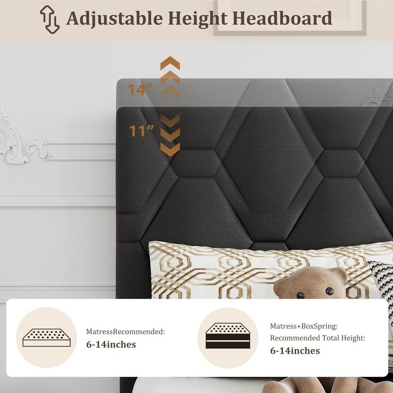 Grey Twin Bed Frame with Upholstered Headboard,Upholstered Bed Frame,Heavy-Duty Platform Bed Frame with Adjustable Headboard,Strong Wood Slat Support