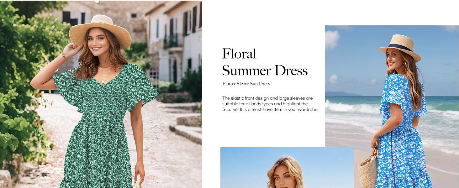 Genleck Women's Summer Floral Print Mini Dress - V Neck Flutter Sleeve Boho Sundress with Pockets for Vacation & Party