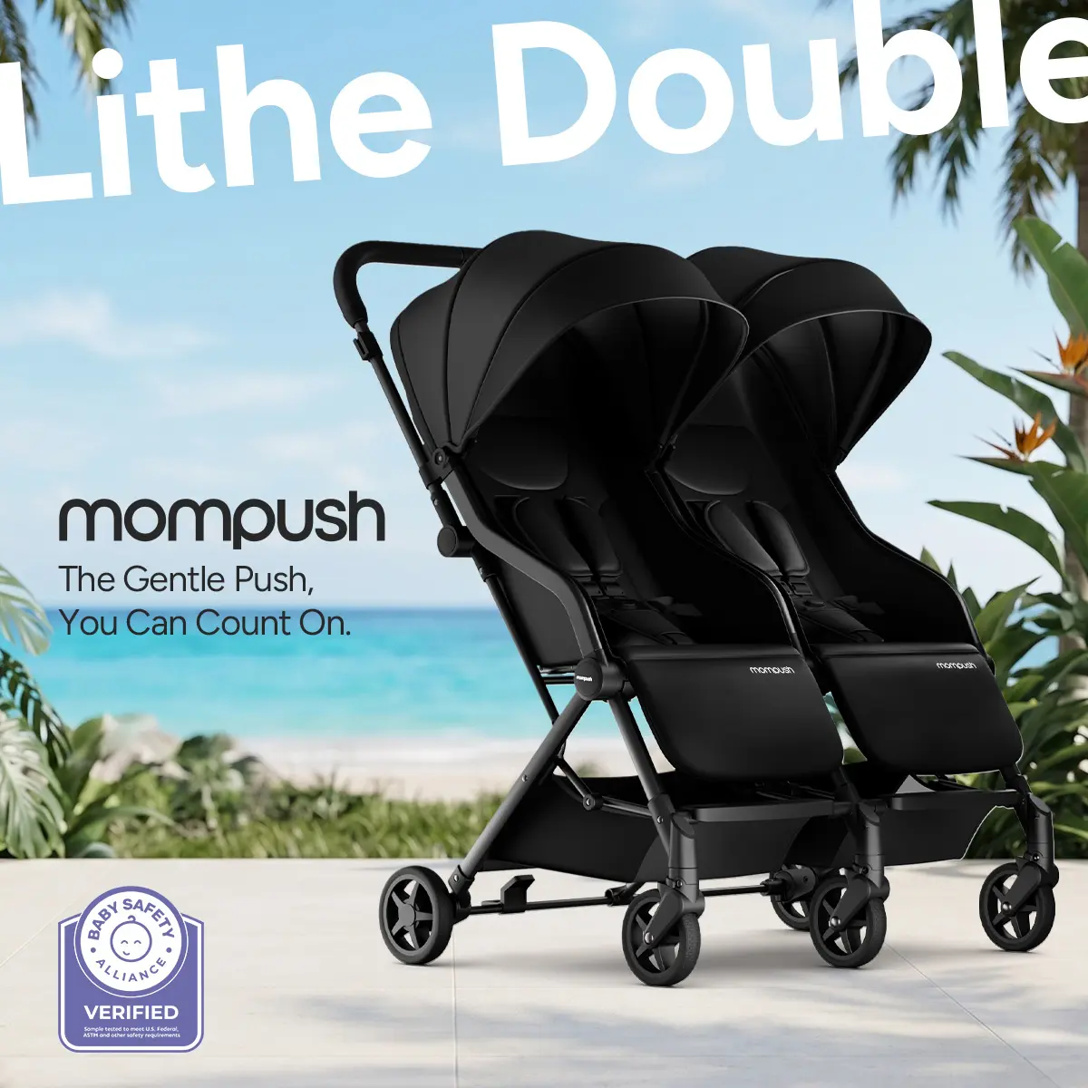 Mompush Lithe Double Stroller for Infant and Toddler, Lightweight Side by Side Twin Stroller, Only 25 lbs, 30-Inch Slim Fit Through Doorways, One-Step Fold, Independent Recline, UPF 50+ Canopy