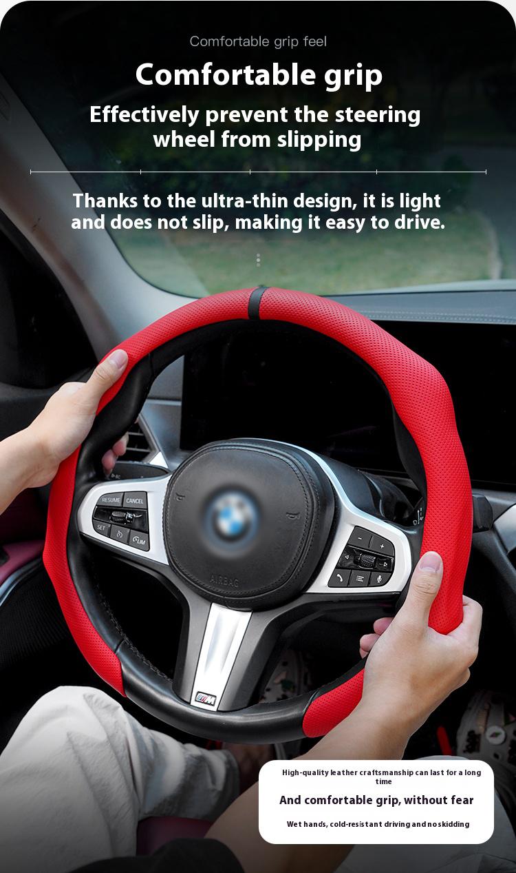 Napa Nappa Leather 15Inch 5D Premium Steering Wheel Cover Ultra-Thin Breathable Anti-Slip Sweat-Resistant Easy Install Universal Fit Enhance Driving Safety Comfort Must-Have Car Essential White