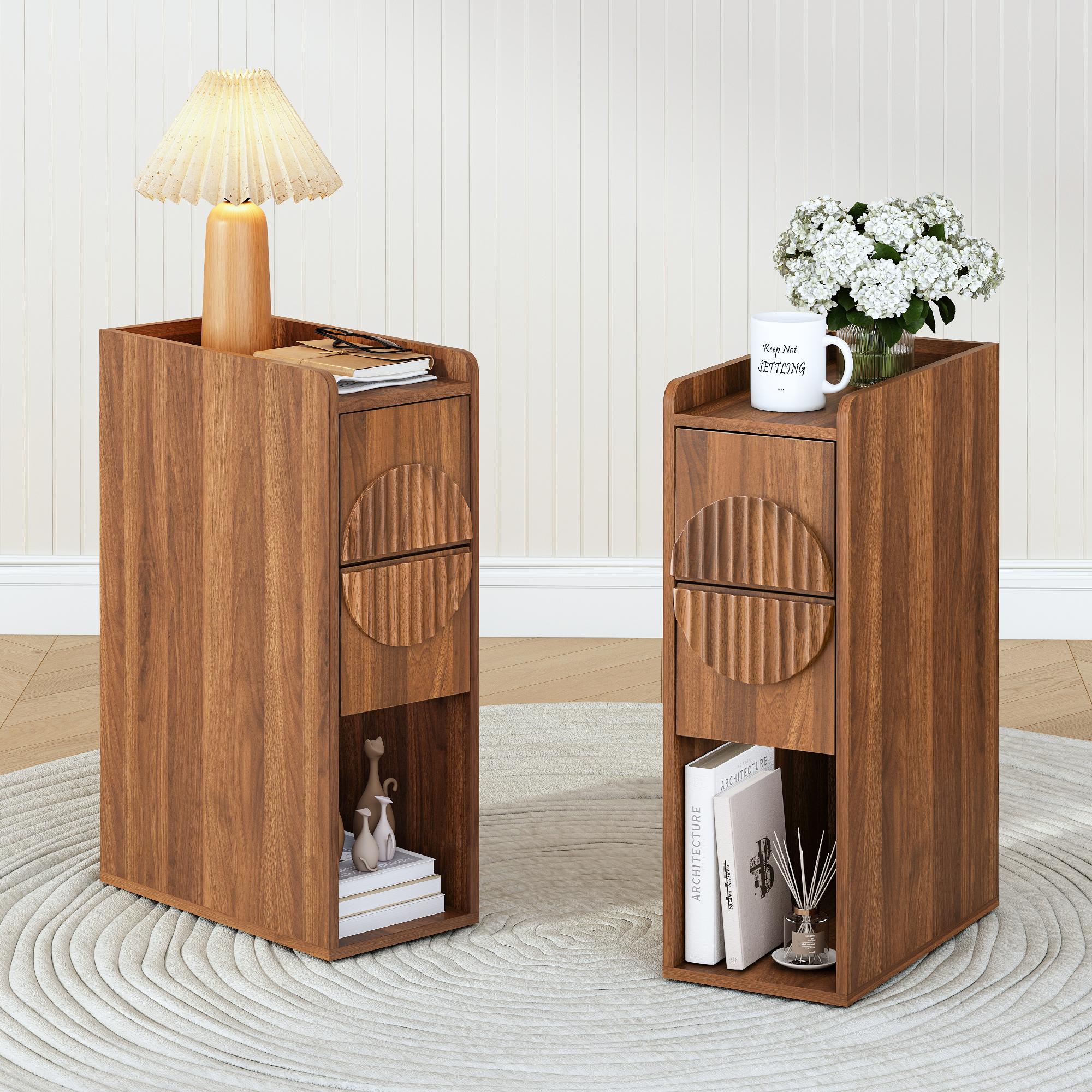 Giratree Slim Mid-Century Modern Nightstand with 2 Drawers, Narrow Fluted Wooden Side Table for Small Spaces, Tall Skinny Bedside Table for Bedroom or Living Room