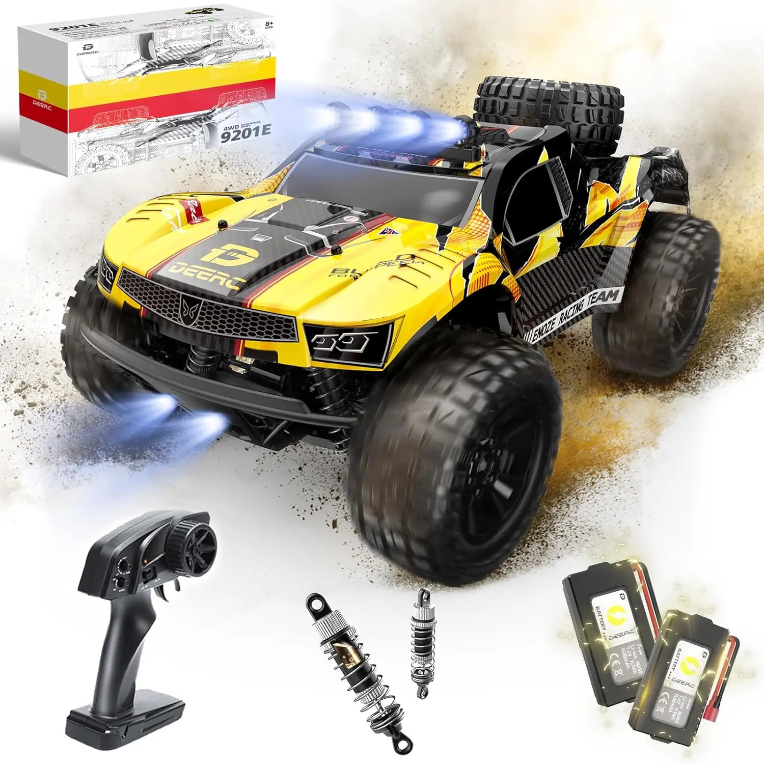 DEERC 9201E 1:10 Large Offroad Remote Control Race Car for Boys, 48 km/h Fast Short Course 4x4 PVC-Free Electric Vehicle with Lights, 2 Lithium-Ion Rechargeable Batteries, Miniature RC Cars,back to school