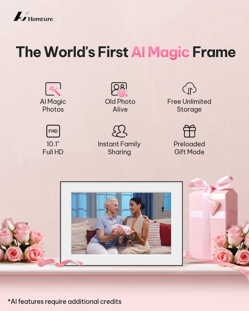 Homture Magic Frame - 10.1″ 1080P World's First AI Magic Frame for Old Photo Restoration Unlimited Storage Instant Sharing Decor Full HD 1080P