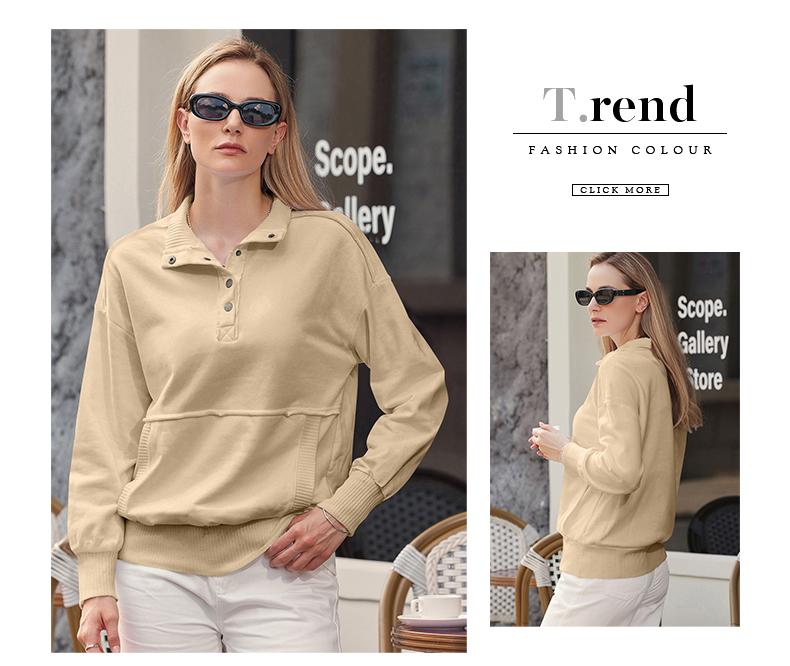 Shewin 2026 Spring Oversized Ribbed Pullover Women's Button-Down Sweatshirt with Kangaroo Pocket Comfy Casual Layering for Spring Outfits Breathable Soft Cozy Material - Everyday, Womenswear