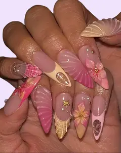 Aura Nails - Beachcore Shell & Floral Press On Nails  Handmade 3D Tropical Nail Art for Summer or Vacation Looks