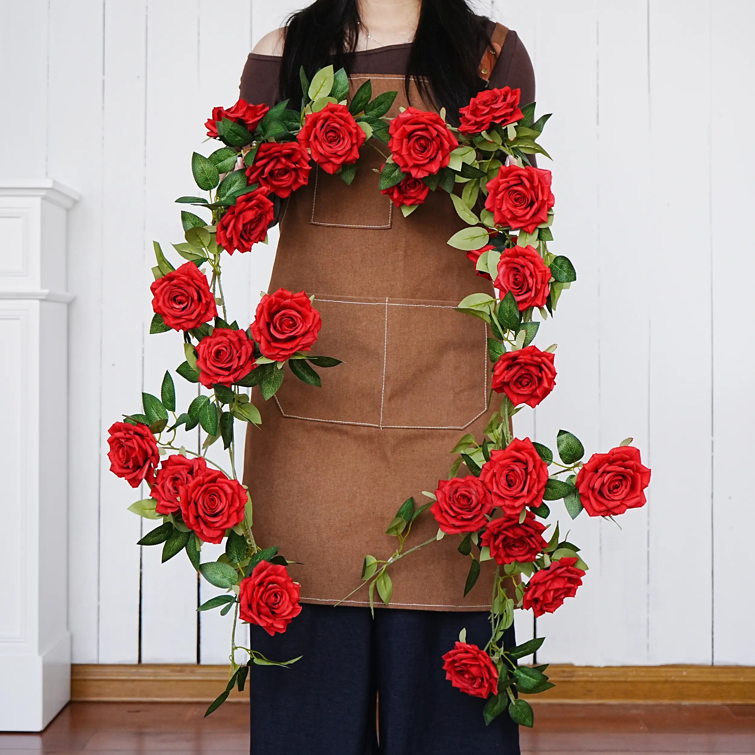 2-Pack 6ft Silk Red Rose Garland with Fake Vines & Wreath Elements, Realistic Artificial Plants for Wedding Arch Decor, Diy Ornament, Casual Wardrobe Accent, Garage & Business Space Enhancement