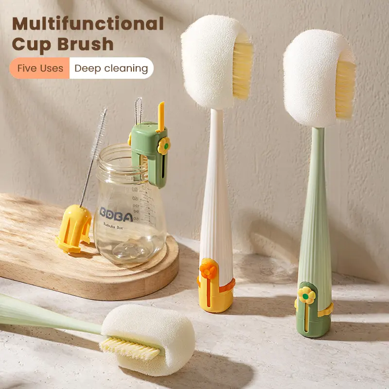 5-in-1 Multifunctional Bottle & Straw Cleaner with Flexible Silicone Bristles for Deep Cleaning of Bottles Cups Straws Cream White Jasmine Green Bottlewasher