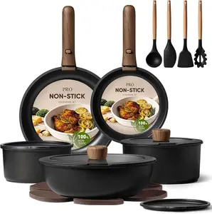 [Official]CAROTE 19pcs Pots and Pans Non Stick, Wooden Detachable Handle, Cookware Sets Induction Kitchen Pots and Pans,NonStick Cooking Set, Oven/Dishwasher/Fridge Safe, Space Saving