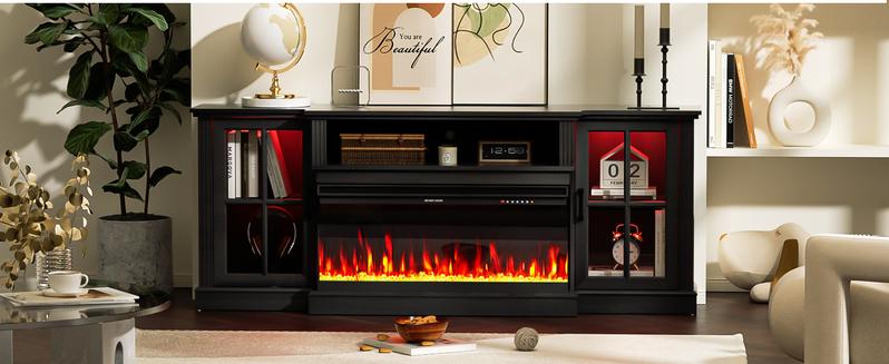 Spurgehom 3-Sided Fireplace TV Stand, 70" Farmhouse Highboy Entertainment Center with 34" Electric Fireplace & LED Lights - Media Console Table for Living Room, Fits TVs Up to 80 Inches