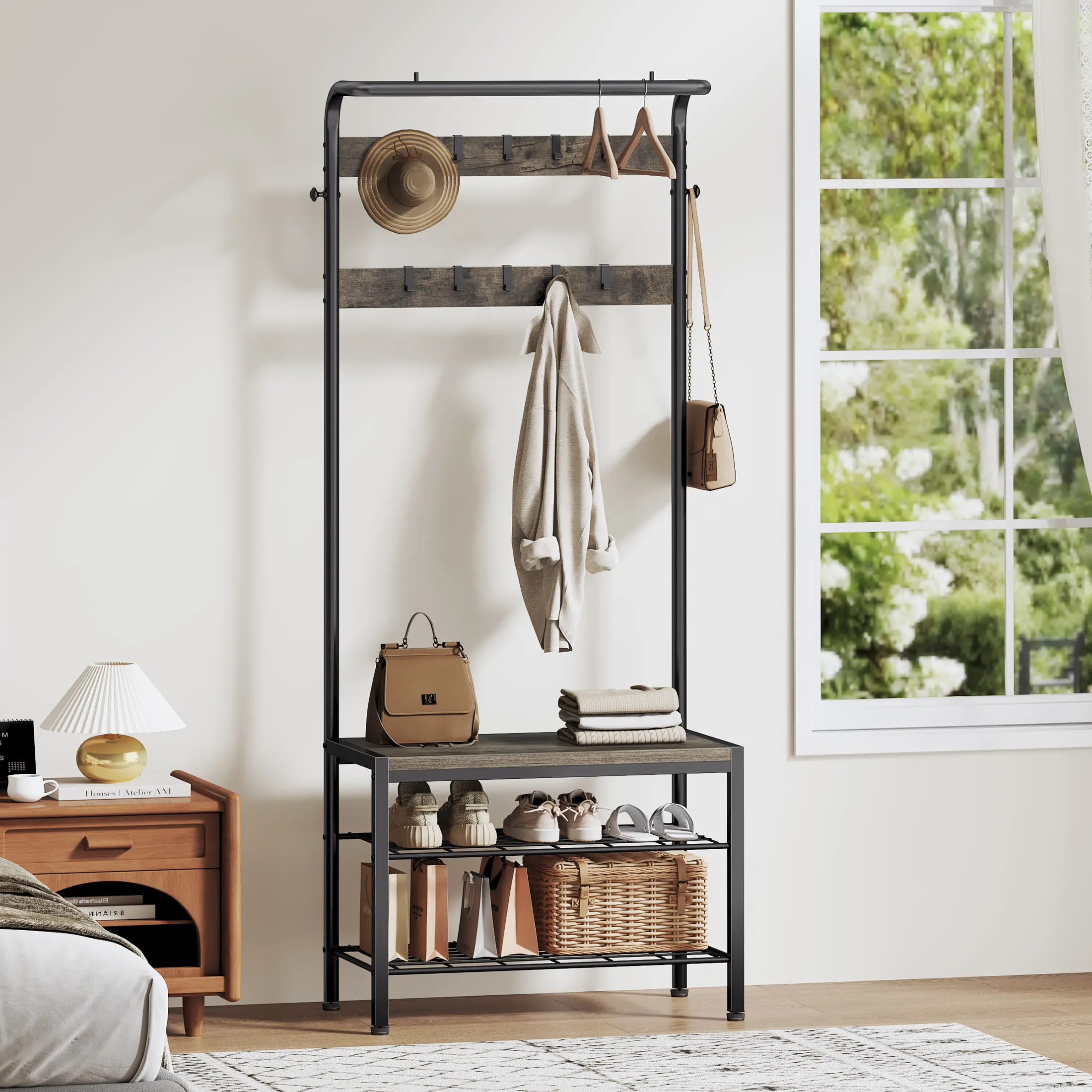 Sweetcrispy 4-in-1 Steel & Wood Interior Coat Rack with Shoe Bench, High-Density Home Entryway Organizer, 10 Removable Hooks, Anti-Tip Design, Scratch-Resist Top, Wipe-Clean Upkeep, Corner Space Saver Living Room Accessory