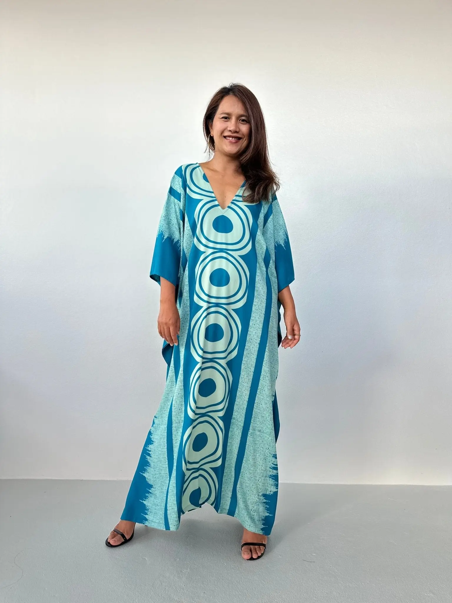 Women's Modest Islamic Handmade Full-Length Loose Rayon Kaftan - Elegant Lounger, Tribal-Inspired All-Over Echoeye Print, Natural-Toned & Turquoise Unique Statement Design, Casual, Evening, Natural Tones, Statement Flair, Traditional Techniques, Unique De