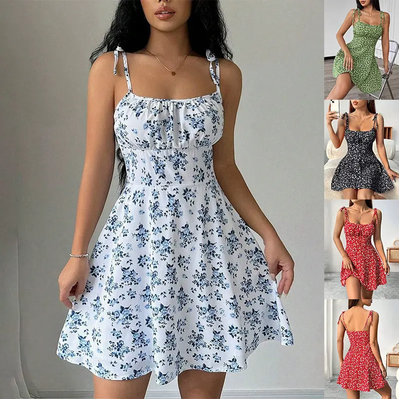 Women's Sweet Floral Print A-Line Short Dress - Comfortable Polyester Fabric with a Slimming Mid-Waist for Casual Summer Wear, Flowers, Casual Wear, Cute Print Casual Dresses