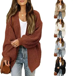 Women's Lantern Sleeve Chunky Knit Cardigan 2025 Autumn Winter Pocket Knit Sweater Women's Coat Women's Cable Knit Cardigan