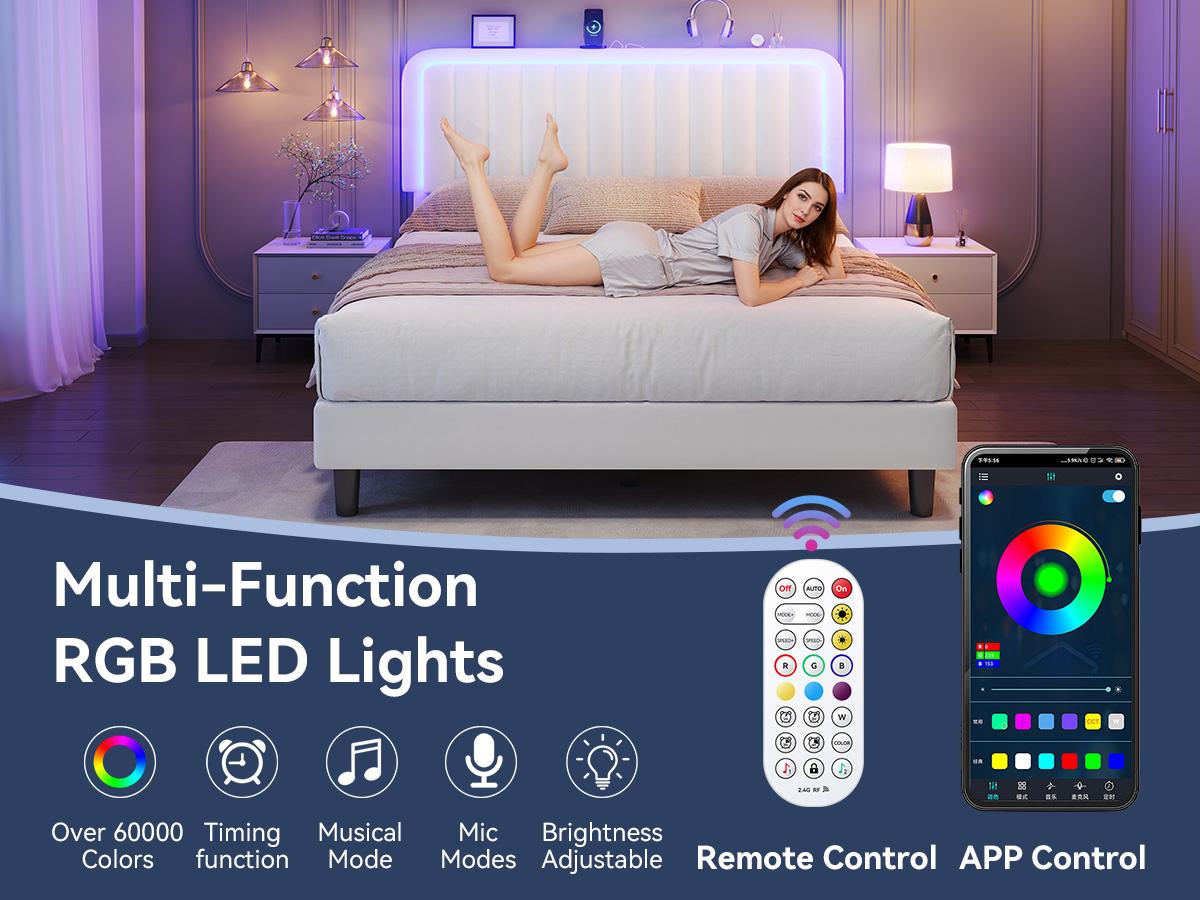 TryLazy【 LED 】 Bed Frame with USB Charging Station App Controlled Adjustable Headboard Lighting Modern Upholstered Platform No Noise No Box Spring Bedroom Furniture Gift