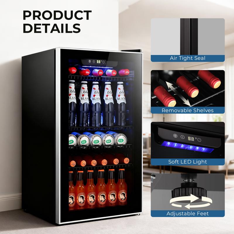 Kismile 18L Beverage Refrigerator Cooler 24Can Mini Fridge with Quiet Compressor LED Light Freestanding Small Fridge for Home Bar 40-61°F Electronic Temperature Control