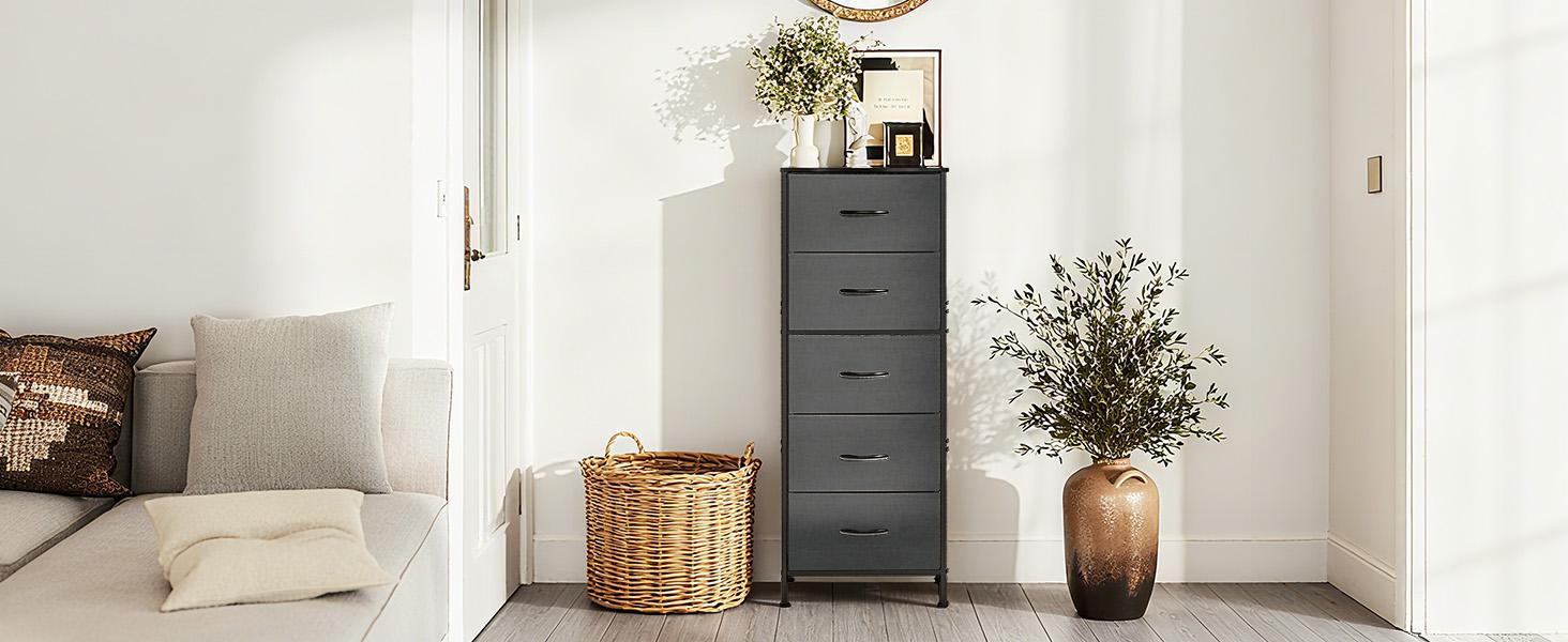 5 Drawer Dresser with Fabric Bins, Sturdy Steel Frame and Wood Top, Storage Organizer Chest for Bedroom, Closet, Hallway