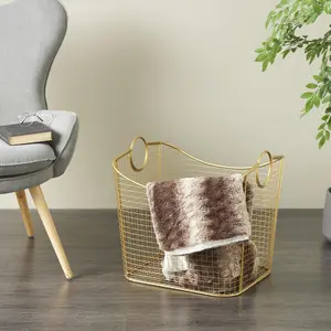 Metal Large Open Frame Wire Grid Decorative and Functional Storage Basket with Curved Sides and Ring Handles 30" x 20" x 20"