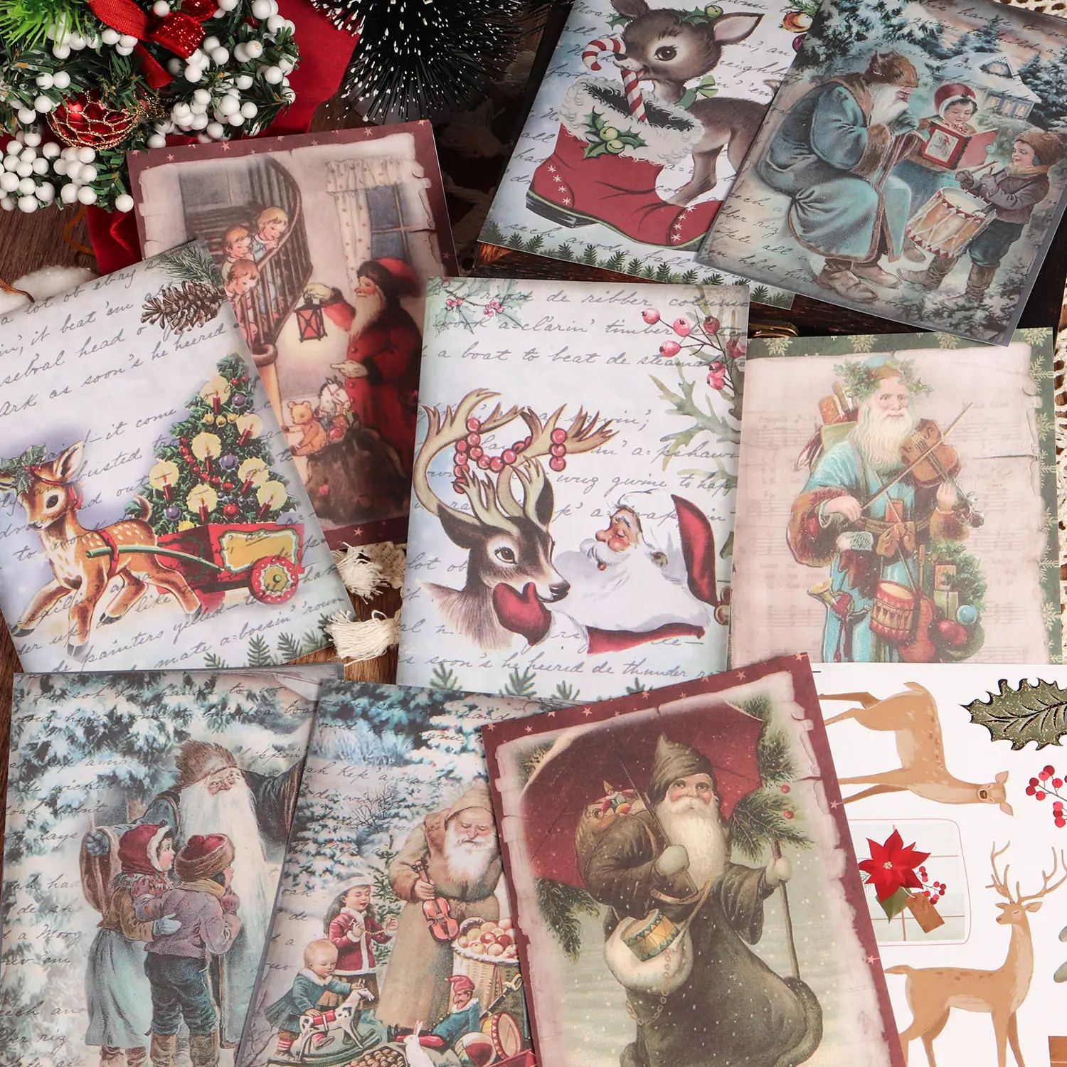 JAIIMAN 64pieces(32Papers and 32stickers)Vintage Deer Christmas Thick Decoupage Paper Kit, for Handmade Waste Diary, Christmas Collage Decoration, Arts Crafts, Scrapbook Accessories, Scrapbooking Supplies, Junk Journals, Diy Craft Paper