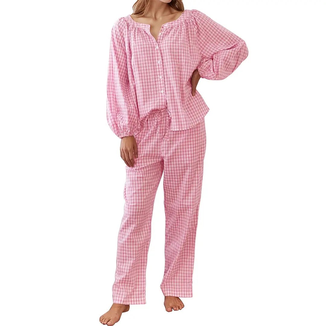 Womens Gingham Pajama Set, 2 Piece Cotton Pajamas Homewear, Cozy Nightwear Plaid Pjs, Long Sleeve Button Top Straight Leg Pants Loungewear, Comfort Lounge Set, Pyjamas Womenswear