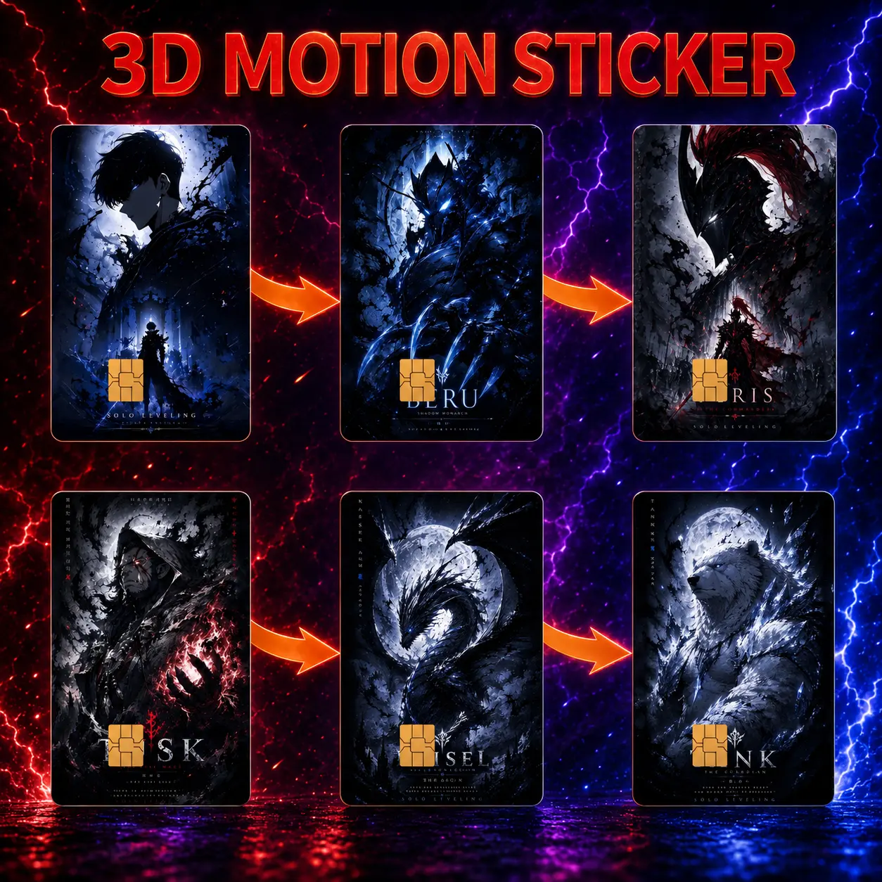Solo Leveling Anime Credit/Debit Card Stickers 2-Pack, Premium 3D Motion Vinyl Ultra Slim 3.37x2.13in Covers with Chip Cutout, Waterproof Scratch-Proof, Easy Apply & Remove Kawaii Gift for Anime Fans, Card Sticker Cover