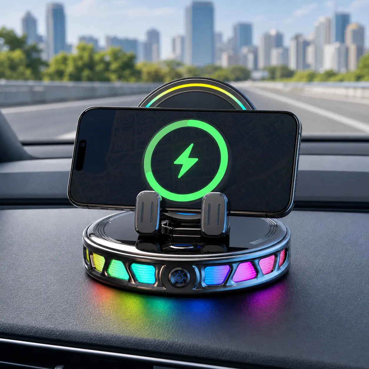 JOYYE 360° Rotating Wireless Charging Car Dashboard Phone Holder, RGB Lights, 1-Click Auto-Locking, Secure Lock, Adjustable for Car Navigation