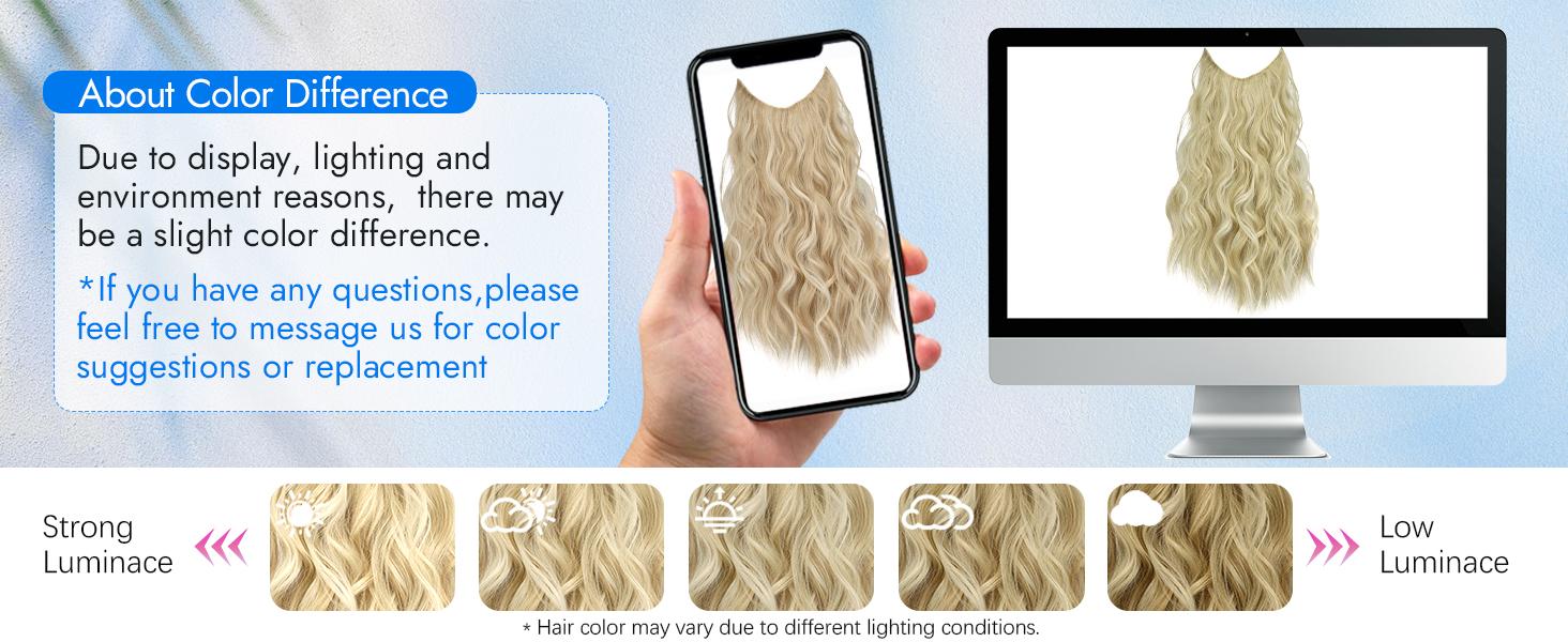 AISI HAIR Invisible Wire Synthetic Halo Hair Extensions 16/20/24 Inch Clip-On Long Wavy Hairpiece for Women Black Secure 4 Clips