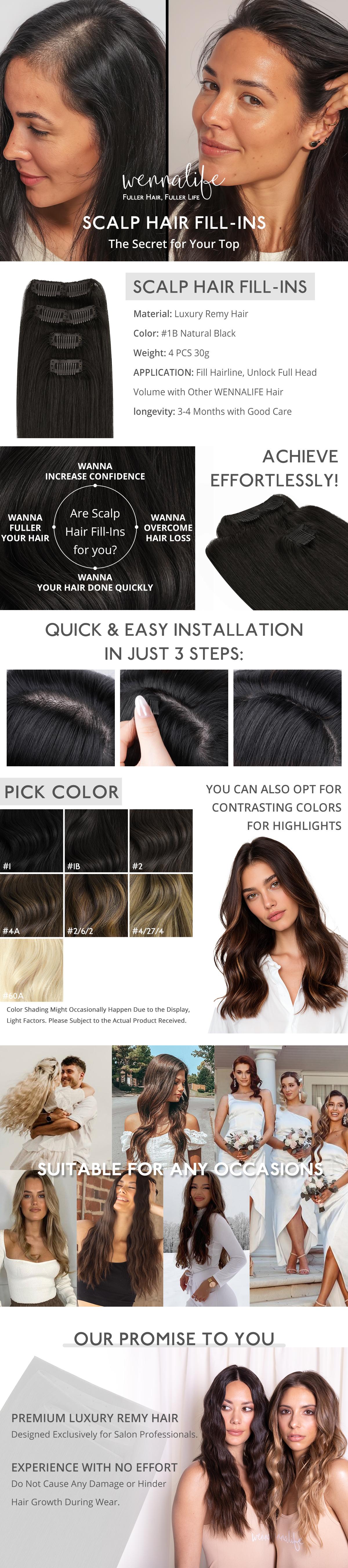 WENNALIFE Scalp Hair Fill Ins Human Hair Clip in Hair Extensions 14-18 Inch 10g-30g Light Blonde Highlighted Golden Blonde Remy Thinning Hair Fill Ins Soft Silky Texture Easy Clip-In #SpringStatements