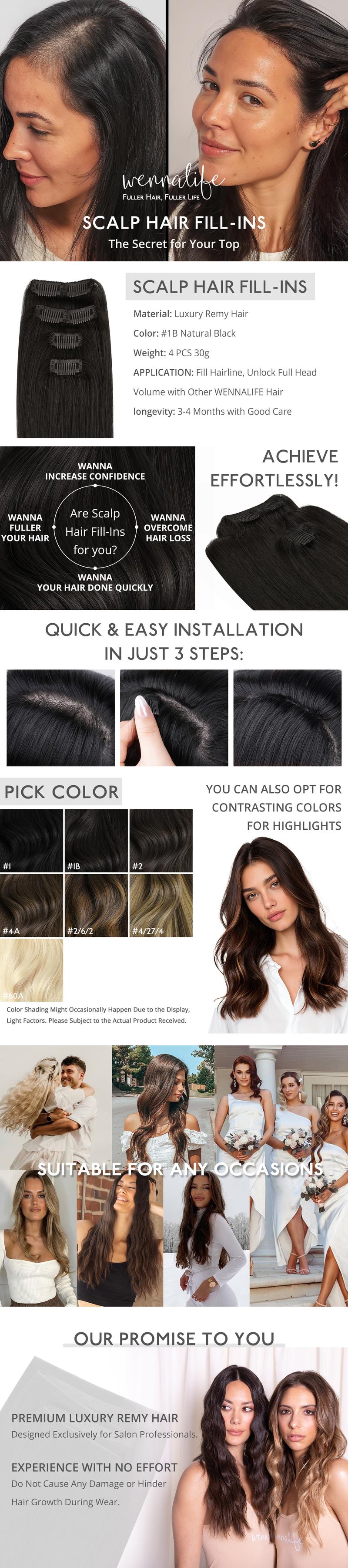 WENNALIFE Scalp Hair Fill Ins Human Hair Clip in Hair Extensions 14-18 Inch 10g-30g Light Blonde Highlighted Golden Blonde Remy Thinning Hair Fill Ins Soft Silky Texture Easy Clip-In