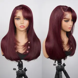 OQ HAIR Burgundy 99J Color Layered Straight Wig 220% Density Side Part Swept Bangs Pre-Cut 9x6 Lace Drawstring Wear Go Glueless Wig