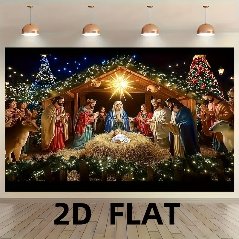 Christmas 2D Flat Nativity Scene Backdrop Flat Banner, Durable Polyester Mary-Joseph-Young Jesus Design, Large Scale Photography Cloth for Indoor/Outdoor Home Decor, Holiday Events