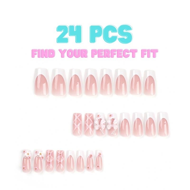 24pcs French Style Press on Nails Coffin Style 3D Deluxe Nail Set with Ballerina Design, Flower, and Bow Tie, Removable False Nails, Stick on Nails, Reusable, DIY Nail Art, Includes nail Adhesive Tabs, nail File, and Manicure Stick